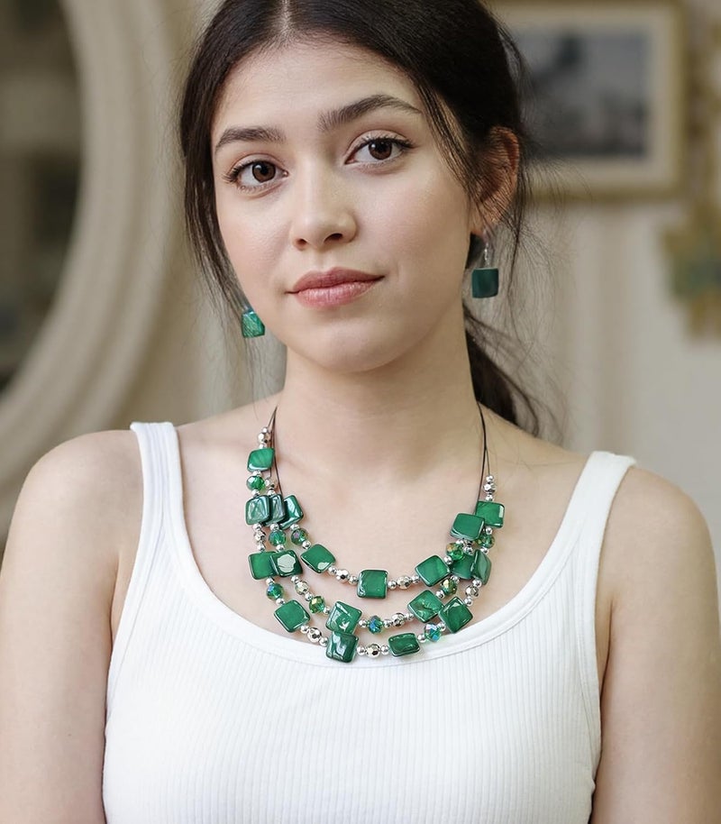 Errally Store Layered Beaded Statement Necklaces for Women Square Shell Bead Collar Necklace and Earring Set Birthday Gifts Boho Jewelry Sets for Women - Image 4